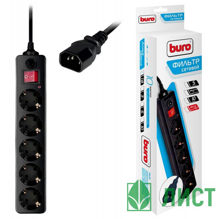 Сетевой фильтр BURO 500SH-1.8-UPS-B, 1.8м, 5 розеток черный для ИБП