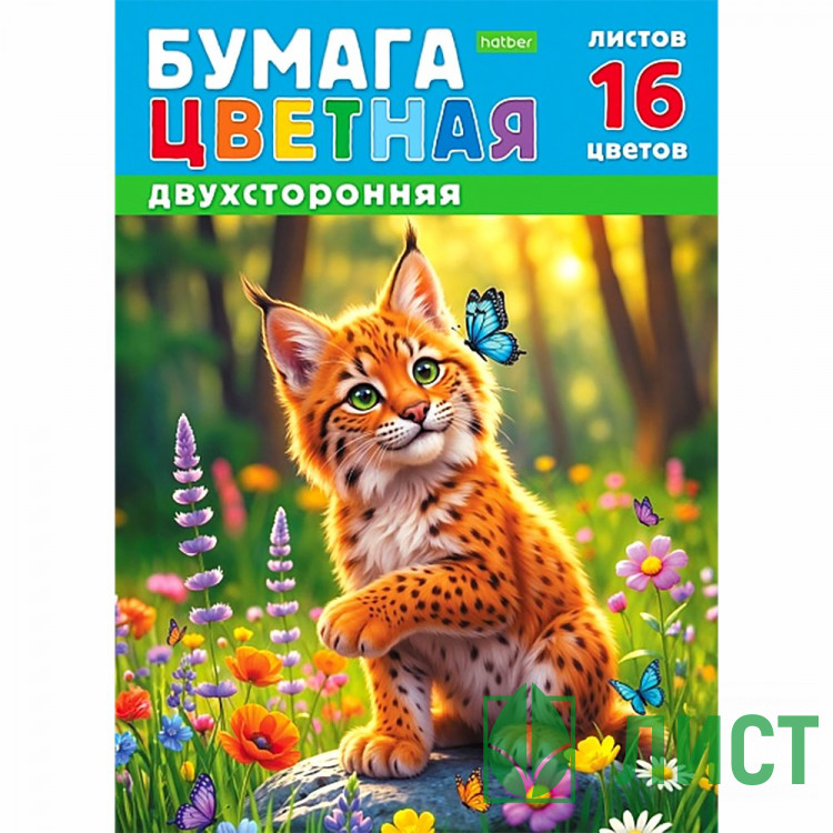 Цветная бумага А4 16 листов 16 цветов немелованная двухсторонняя Hatber Рысенок на скобе арт.16Бц4_36117
