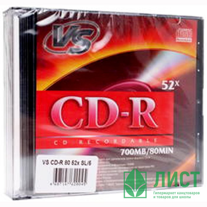 Диск CD-R VS 700 Mb, 52x, Slim Case (5), Ink Printable, упаковка