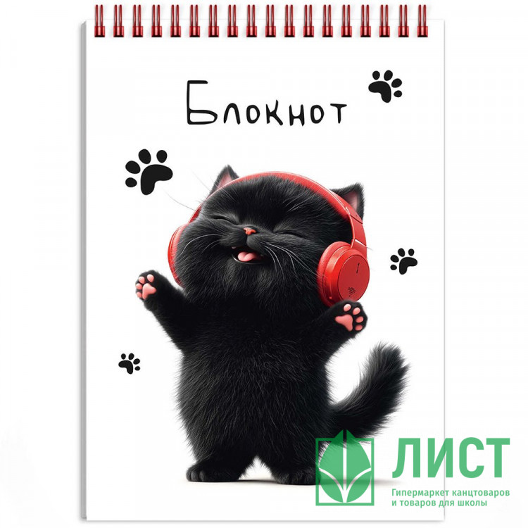 Блокнот А6 мягкая обложка на гребне 80 листов (Hatber) Котенок в наушниках сплошной глянцевый УФ-лак арт.70972