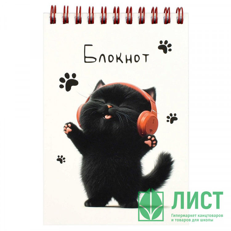 Блокнот А6 мягкая обложка на гребне 80 листов (Hatber) Котенок в наушниках сплошной глянцевый УФ-лак арт.70972