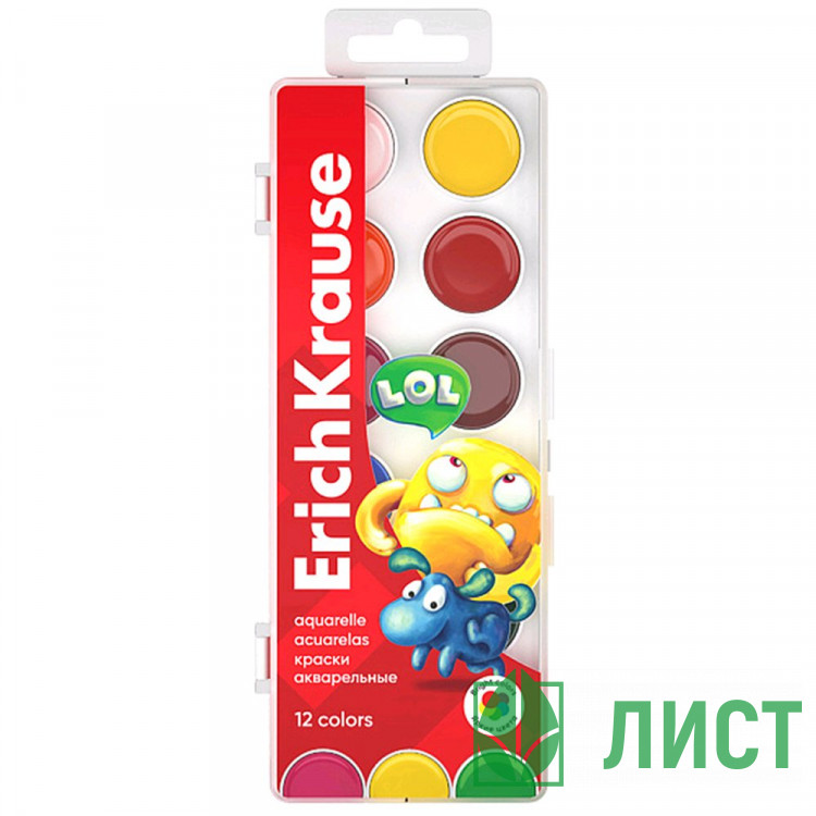 Акварель 12 цветов ErichKrause Веселые друзья пластиковая коробка без кисти арт 61366