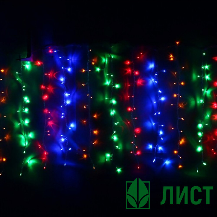 Гирлянда электрическая для дома занавес Дождь 1,5*2,5м 360LED цвет мульти (светлый провод) 8режимов (можно соединять) арт.131-030