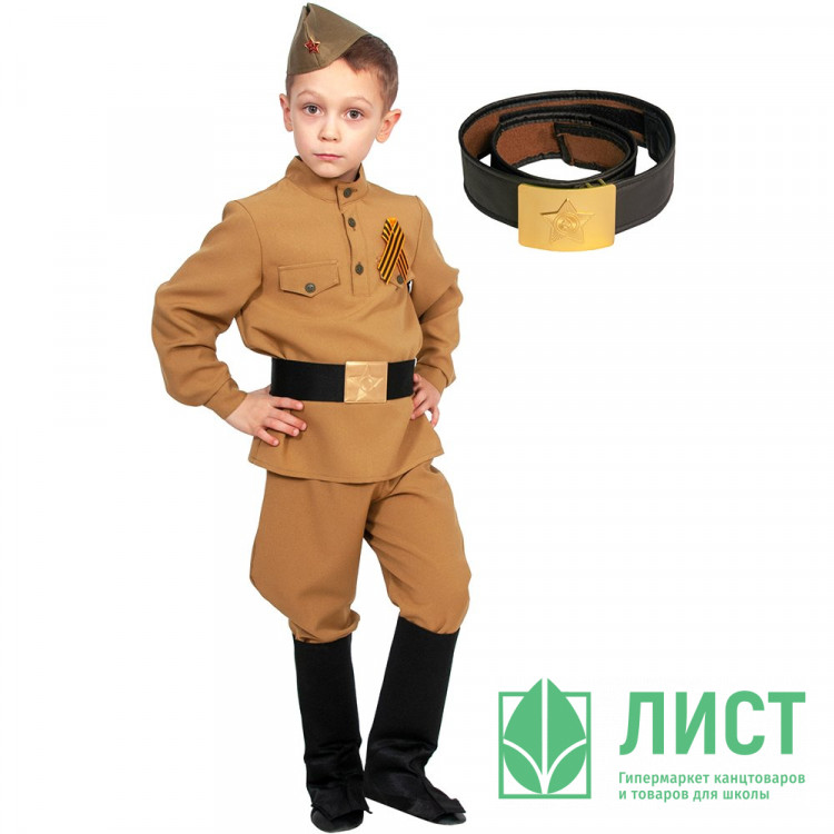 Костюм Д Солдатик (пилотка,гимнастёрка,ремень из кожзама, галифе, текстильные сапоги,георгиевский бант) р.110 арт.5098.23-XS