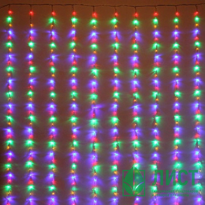 Гирлянда электрическая уличная занавес Дождь 3*2м 480LED "Водопад" цвет мульти (светлый провод) 6режимов арт.725-580