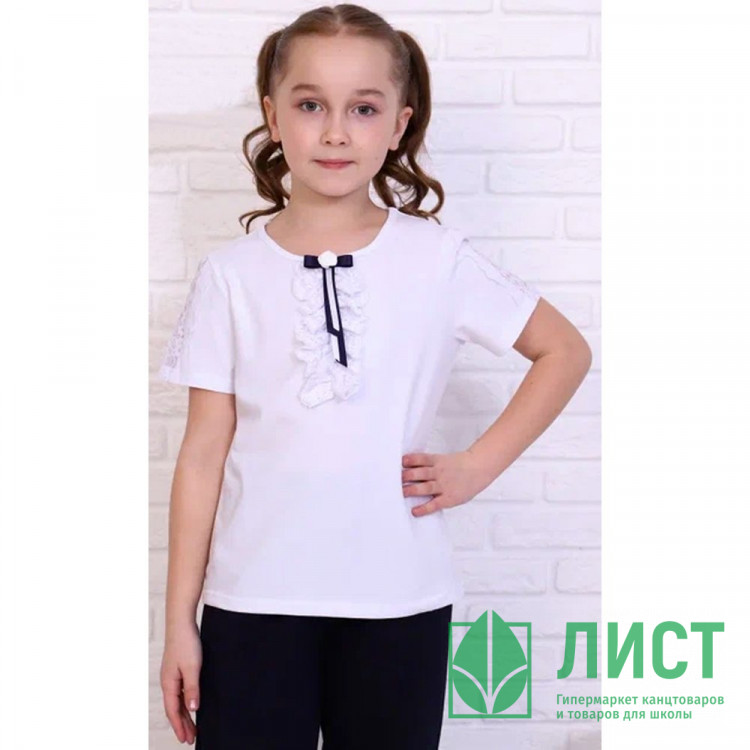 Джемпер для девочки трикотажный (Ликру) короткий рукав цвет белый арт.0224 ЛИРА размерный ряд 32/128-42/164