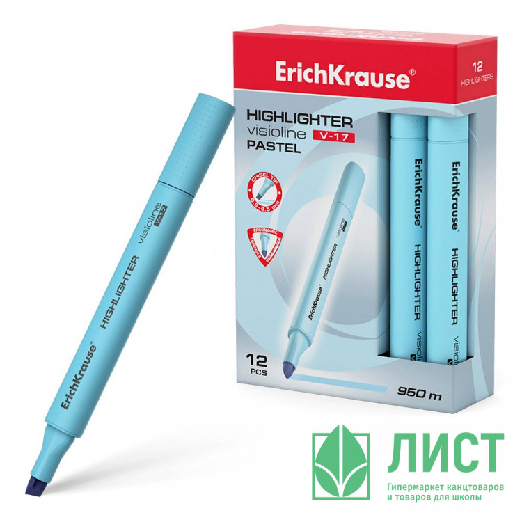 Маркер флуорисцентный ErichKrause Visioline V-17 Pastel скош. голубой арт.56022 (Ст.12)