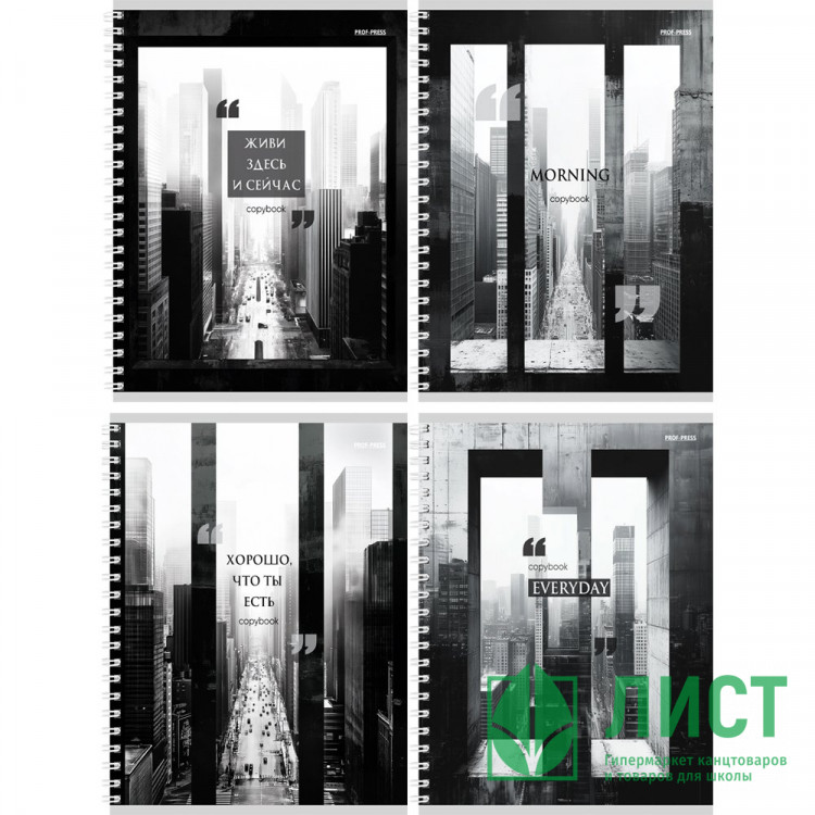 Тетрадь А5 клетка 80 листов на гребне (Prof-Press) Черно-белый  цветная мелованная обложка двойная ассорти арт.Т80-4882