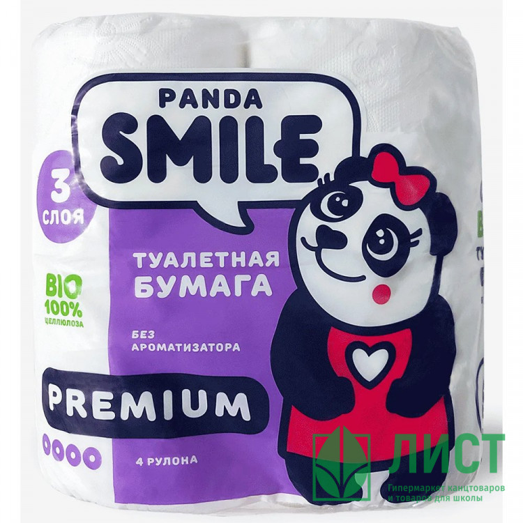 Бумага туалетная 3-слоя втулка 4рулона в упаковке 18м белая Smie/Панда (Ст.12)