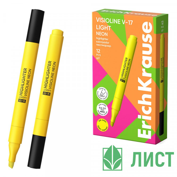 Текстовыделитель  ErichKrause Visioline V-17 Неон (Neon) 0,6-3мм скошенный желтый арт.63556 (Ст.12)
